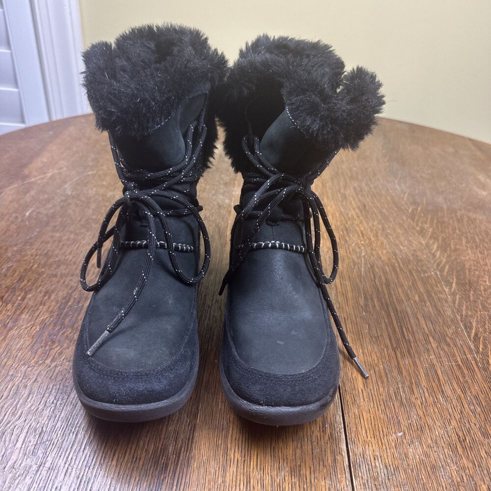 •Clarks Women's 7M Black Wave Walk Leather Faux Fur Insulated Waterproof  Boots